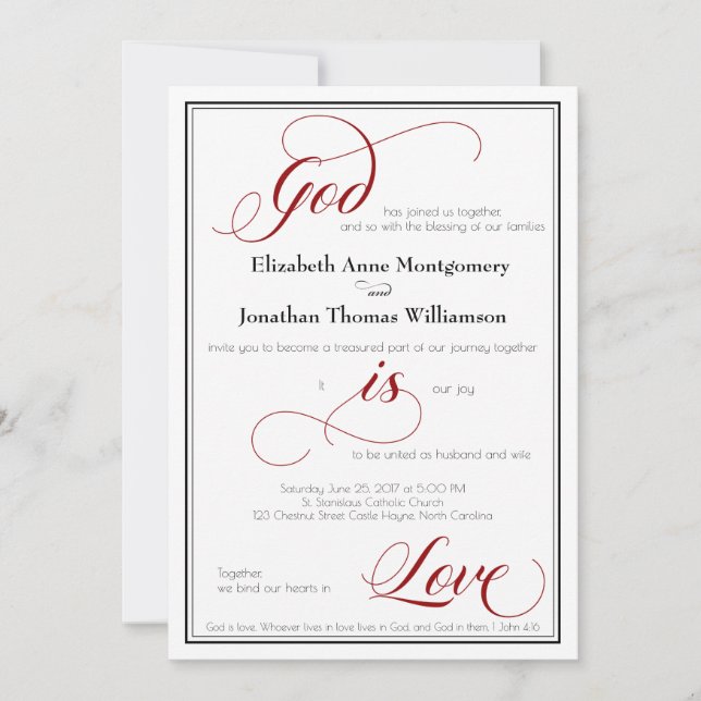 God is Love Graceful Red Script Wedding Invitation (Front)