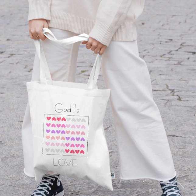 God is Love Pink Hearts Valentine Tote Bag (Bible Verse on Natural Canvas Tote Bag.)