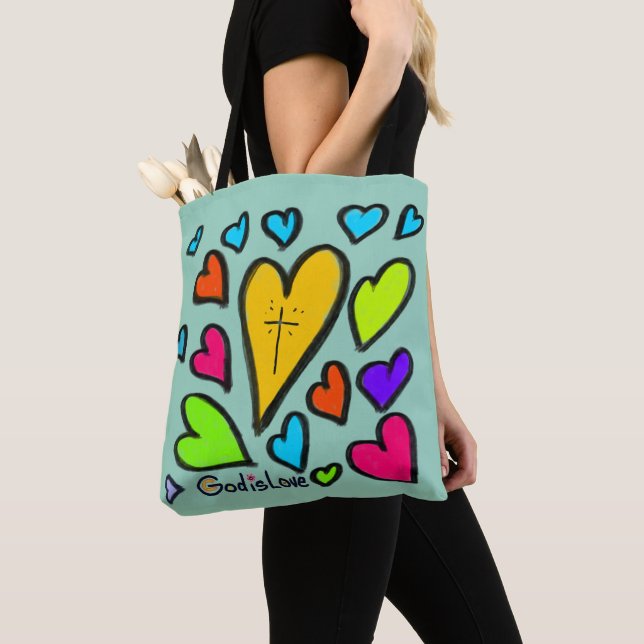 God is Love with Hearts Cross Tote Bag (Close Up)