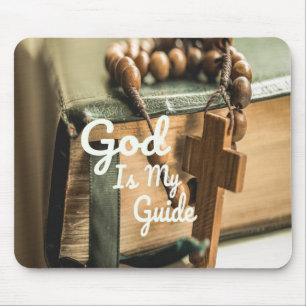 God Is My Guide Bible and Rosary Cross Mouse Mat