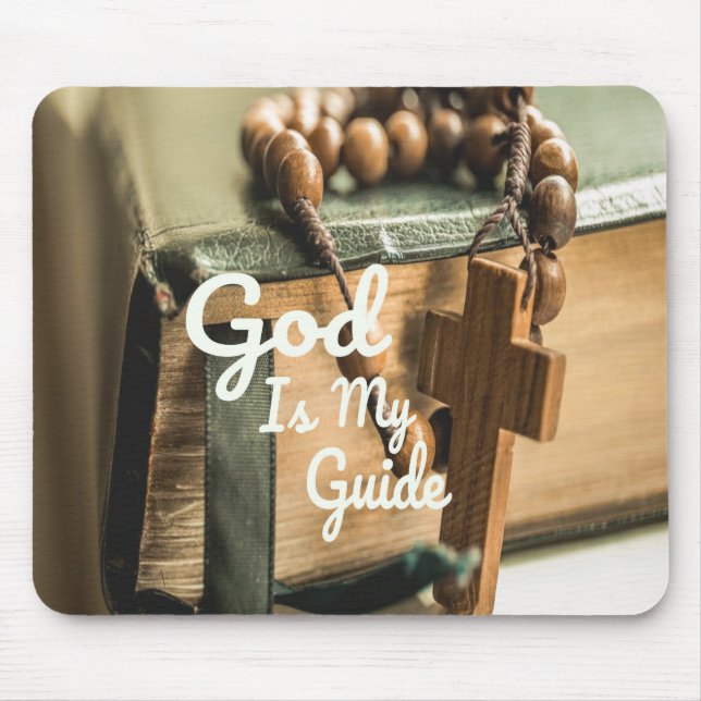 God Is My Guide Bible and Rosary Cross Mouse Mat (Front)