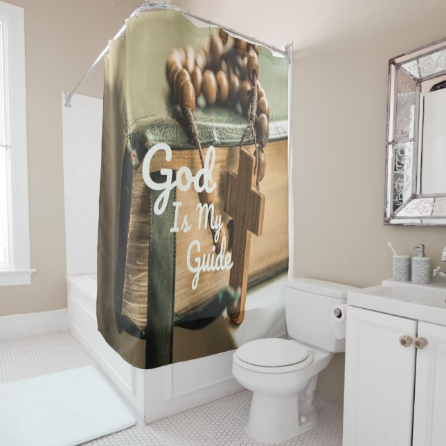 God Is My Guide Bible and Rosary Cross Shower Curtain (In Situ)