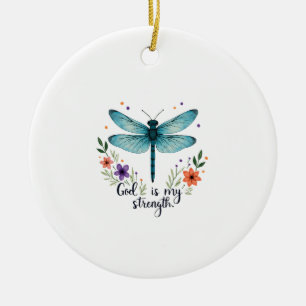 God is my strength Floral Dragonfly Christian T-Sh Ceramic Tree Decoration