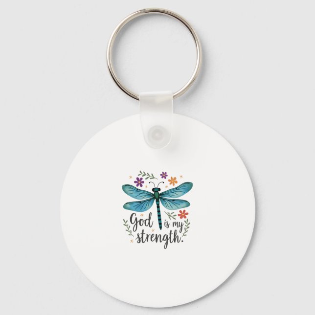 God is my strength Floral Dragonfly Christian T-Sh Key Ring (Front)
