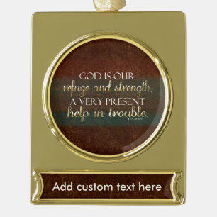 God is our Refuge Christian Bible Verse Brown/Gold Gold Plated Banner Ornament