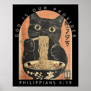 God is Provider Funny Cat Eating Ramen Japanese Poster