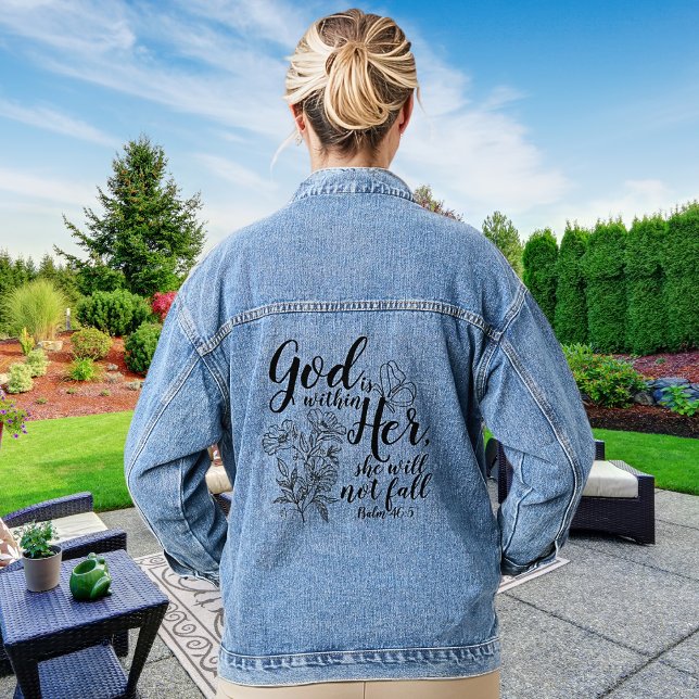 God is Within Her Psalm 46:5 Bible Verse Apparel Denim Jacket (God is within her she will not fall. - Psalm 46:5)