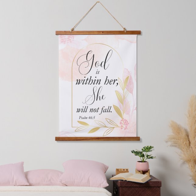 God is within her Psalm 46:5 Pink Botanical Hanging Tapestry (Bedroom)