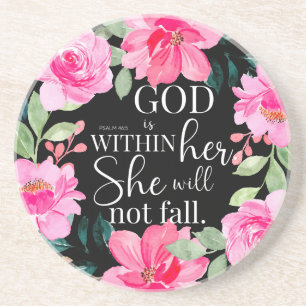 God is within her - Psalm 46:5 Pink Floral Coaster
