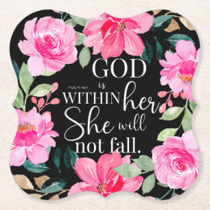 God is within her - Psalm 46:5 Pink Floral Paper Coaster