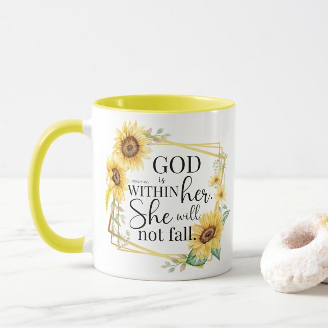 God is within her - Psalm 46:5 Sunflower Christian Mug (With Donut)