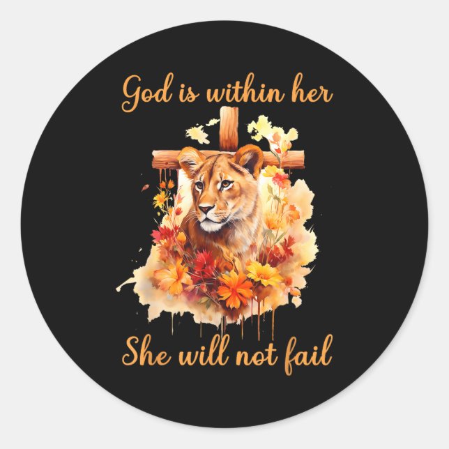 God Is Within Her She Will Not Fail Lioness Cross  Classic Round Sticker (Front)