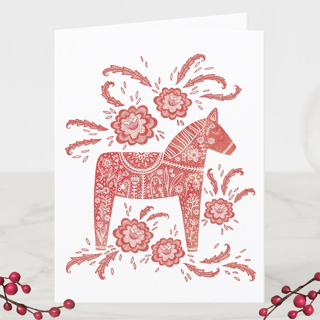 God Jul Dala Horse Holiday Card (Swedish Dala Horse personalized red and white God Jul holiday card)