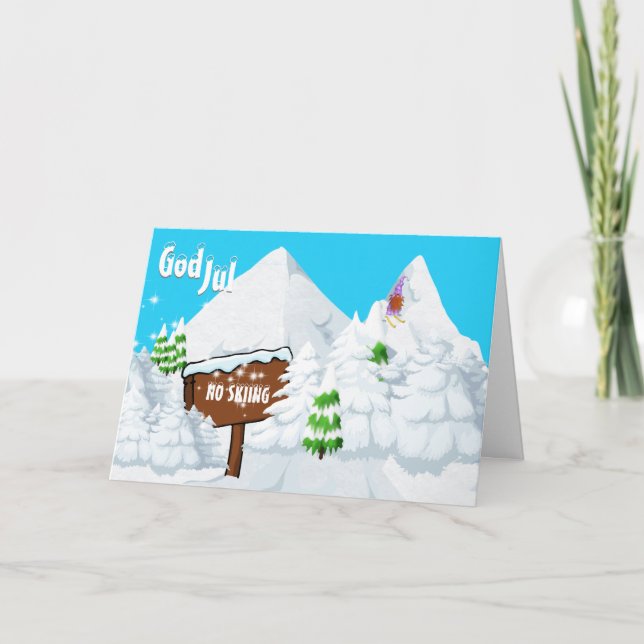 God jul funny tomte nisse no skiing winter holiday card (Front)