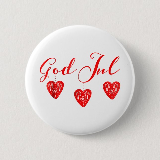 God jul merry christmas sweden norway red hearts.p 6 cm round badge (Front)