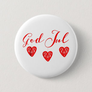 God jul merry christmas sweden norway red hearts.p 6 cm round badge