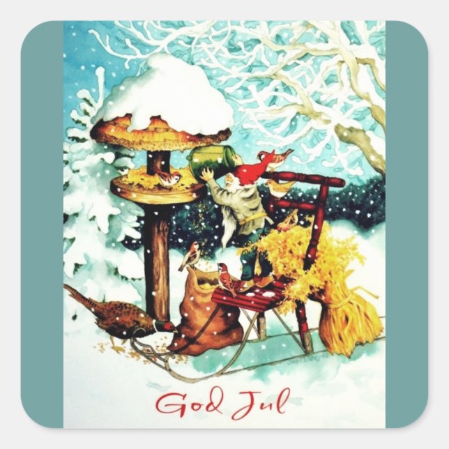 "God Jul!" Nisse Feeds Little Birds Square Sticker (Front)