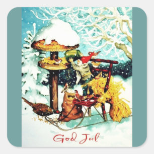 "God Jul!" Nisse Feeds Little Birds Square Sticker