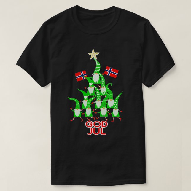 God Jul Nordic Gnomes Christmas Tree Norwegian Fla T-Shirt (Design Front)