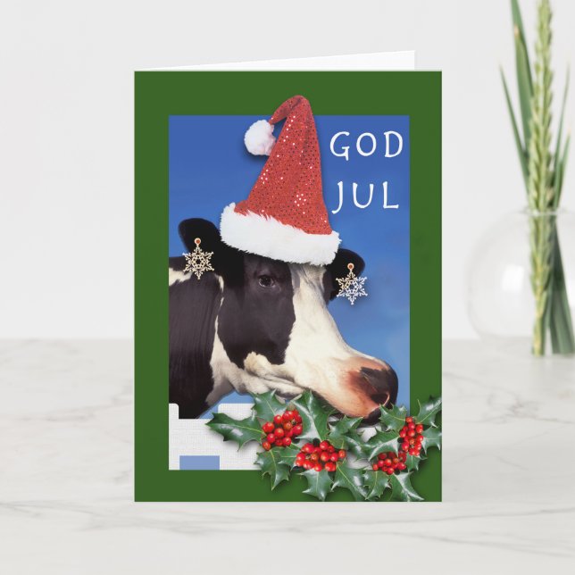 God Jul Norwegian Christmas Cow with Santa Hat Holiday Card (Front)