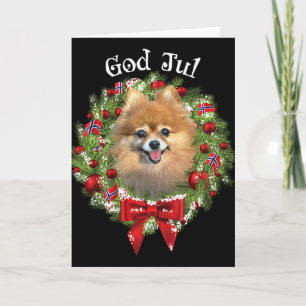 God Jul Norwegian Pomeranian Dog Christmas Wreath Card