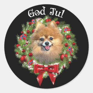 God Jul Norwegian Pomeranian Dog Christmas Wreath Classic Round Sticker