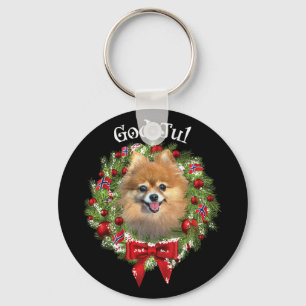 God Jul Norwegian Pomeranian Dog Christmas Wreath Key Ring
