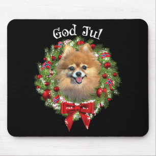 God Jul Norwegian Pomeranian Dog Christmas Wreath Mouse Mat