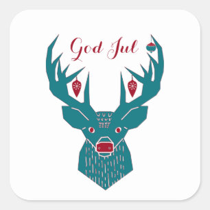 God Jul Scandinavian Blue and Red Reindeer Square Sticker
