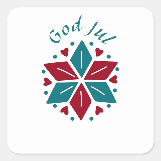 God Jul Scandinavian Christmas Star Blue and Red Square Sticker (Front)