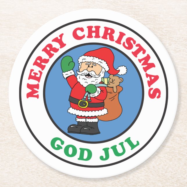 God Jul Swedish Christmas Santa Round Paper Coaster (Front)