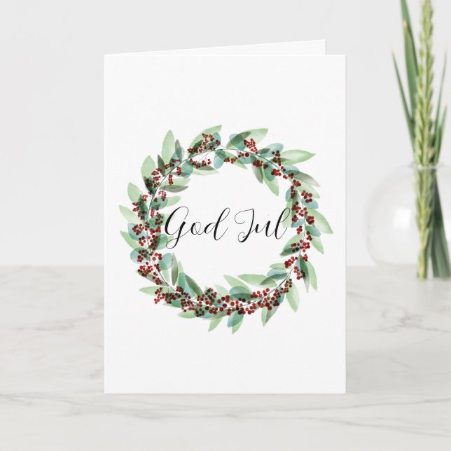 God Jul, Swedish Christmas Wreath Holiday Card (Front)