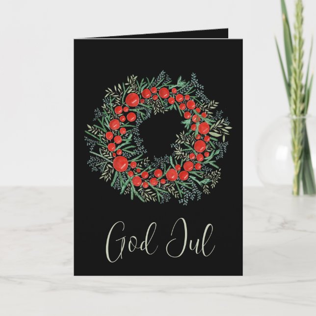 God Jul, Swedish Christmas Wreath Holiday Card (Front)