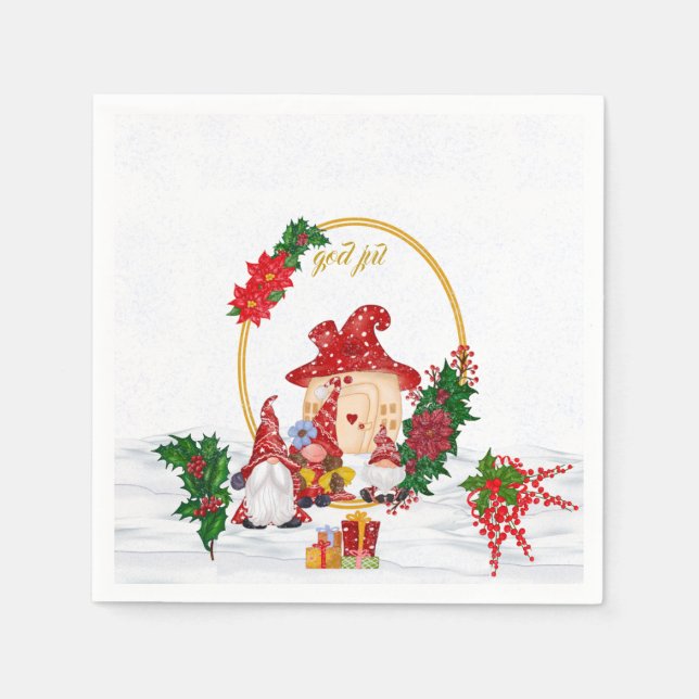 God Jul Swedish Gnomes Red Family  Napkin (Front)