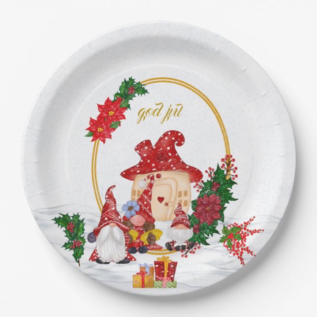 God Jul Swedish Gnomes Red Family  Paper Plate (Front)