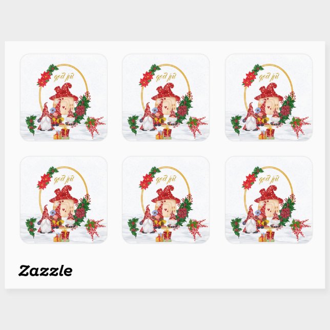 God Jul Swedish Gnomes Red Family  Square Sticker (Sheet)