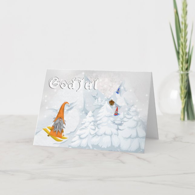 God jul tomte snow mountain skiing woodland modern holiday card (Front)