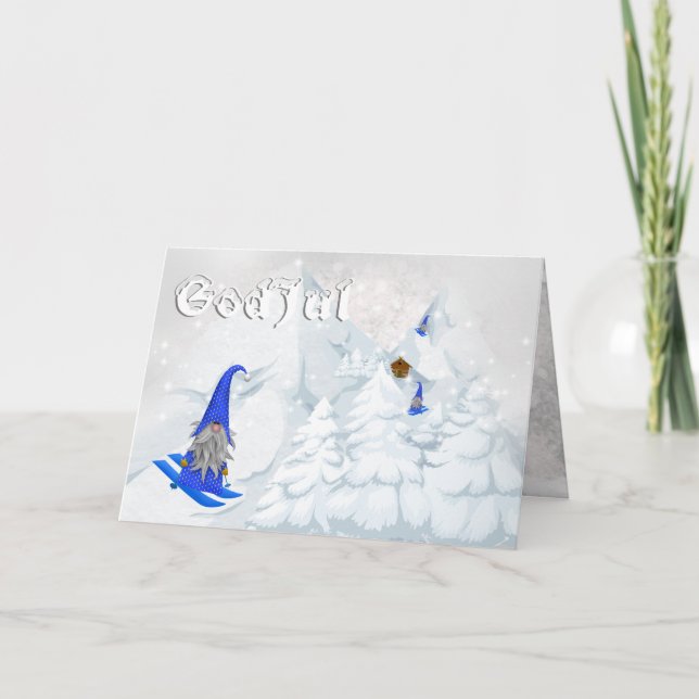 God jul tomte snow skiing Sweden woodland modern Holiday Card (Front)