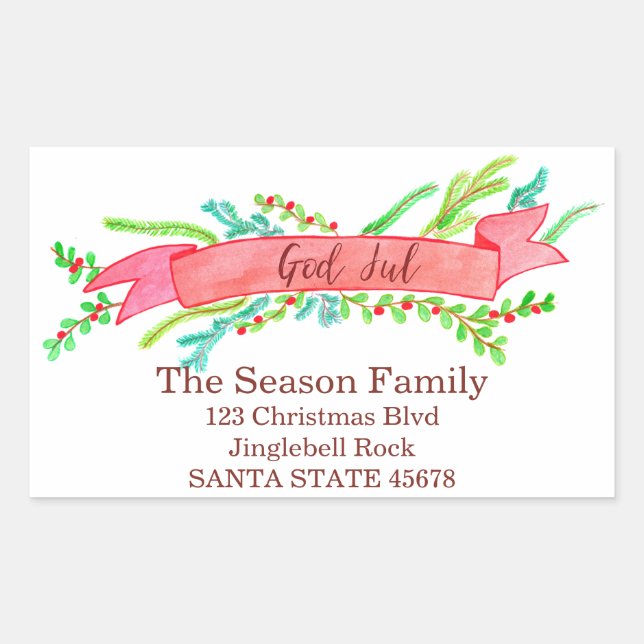 God Jul, watercolor Christmas banner Rectangular Sticker (Front)