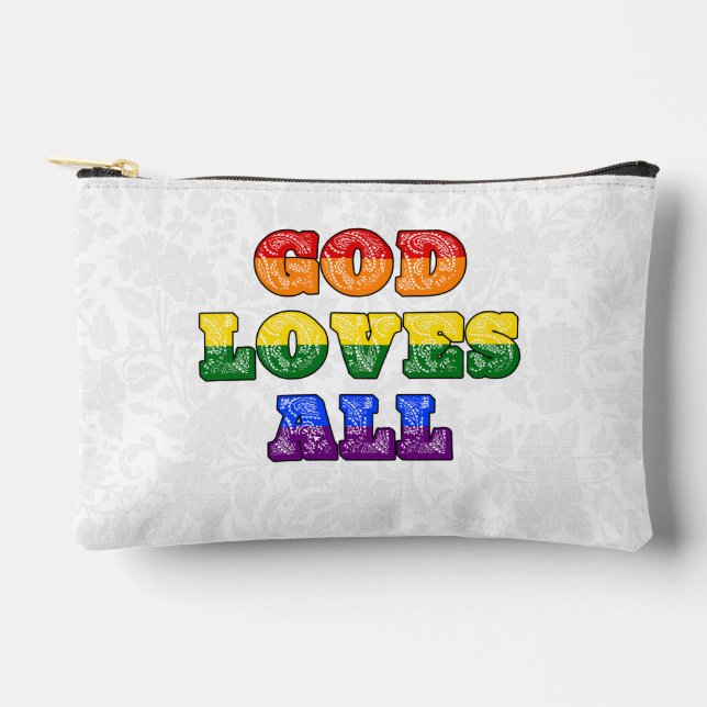 "God Loves All" Gay/LGBTQIA+/Queer Christian Pride Accessory Pouch (Front)