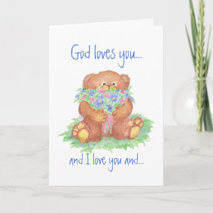 God Loves You and I love You, Teddy Bear Flowers Card