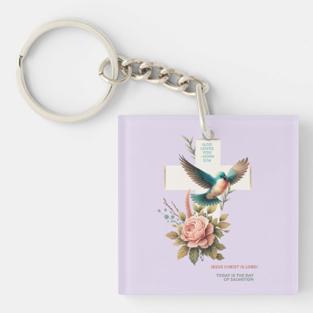 God Loves You Cross and Bird  Design Key Ring (Front)