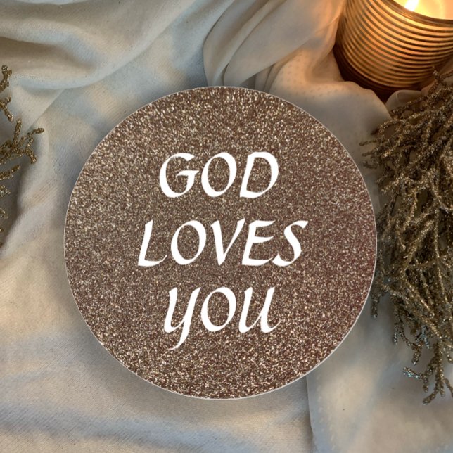 God Loves You Glitter Custom Text Christian Gift Classic Round Sticker (Custom text faux gold glitter elegant round sticker. God loves you custom Christian gift.
)