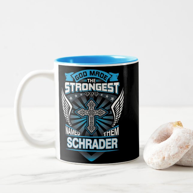 God Made The Strongest And Named Them Schrader Two-Tone Coffee Mug (With Donut)