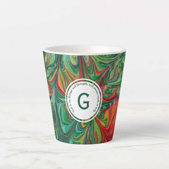 GOD REFUGE STRENGTH Abstract Monogram Custom GREEN Latte Mug (Front)