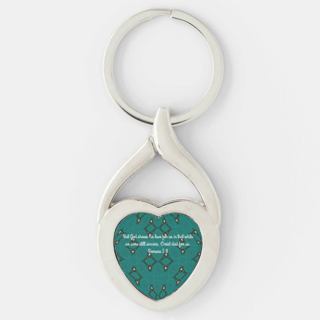 God’s Love Scripture Quote Romans 5:8 Key Ring (Front)