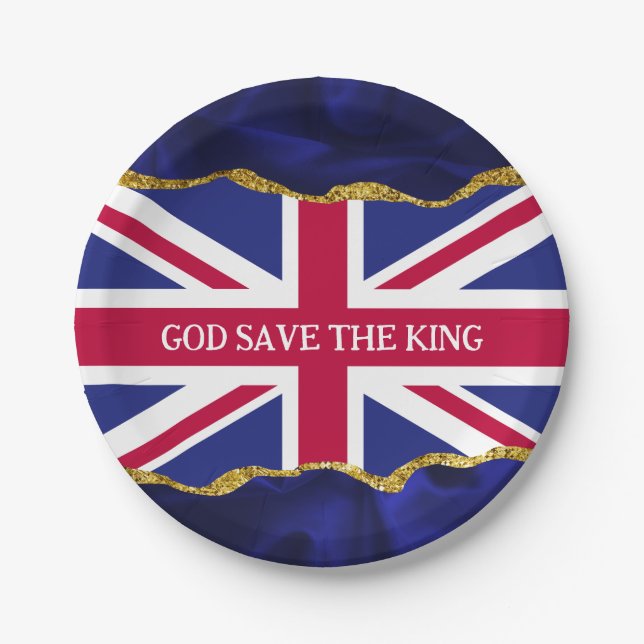 GOD SAVE THE KING, Union Jack Flag Navy Gold Art Paper Plate (Front)