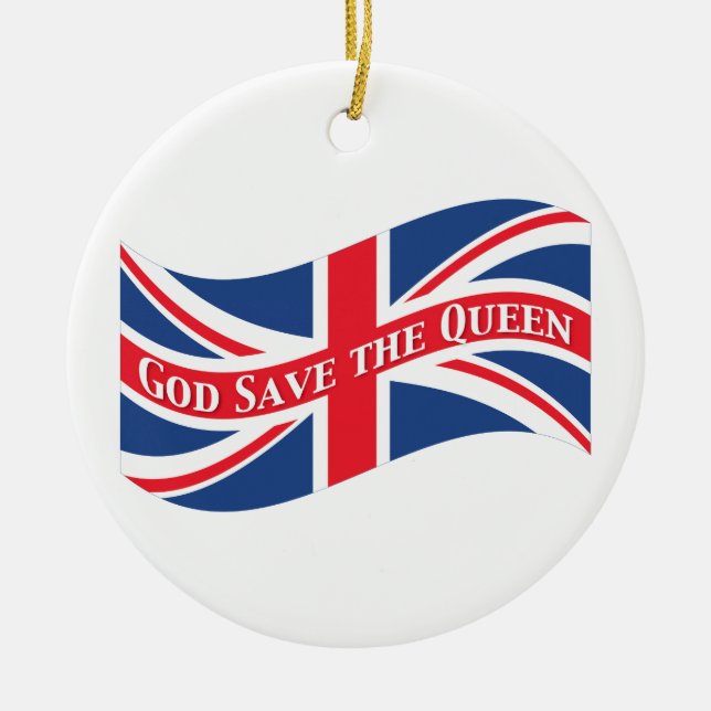 God Save the Queen with Union Jack Ceramic Tree Decoration (Front)