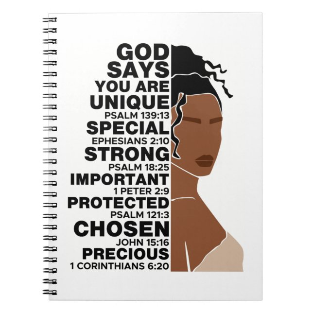 God Says I Am Beautiful Black Queen Melanin Woman Notebook (Front)