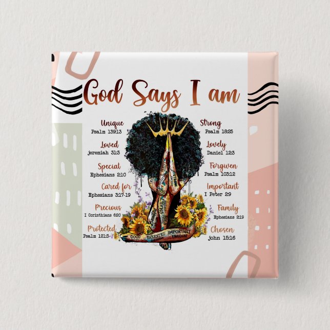 God Says I AM Black Christian Women Melanin Sista 15 Cm Square Badge (Front)